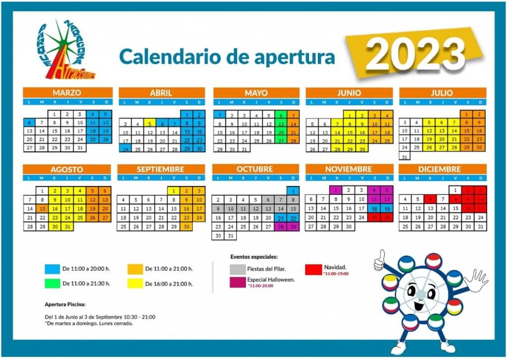 Calendar parque atracciones Zaragoza 2023